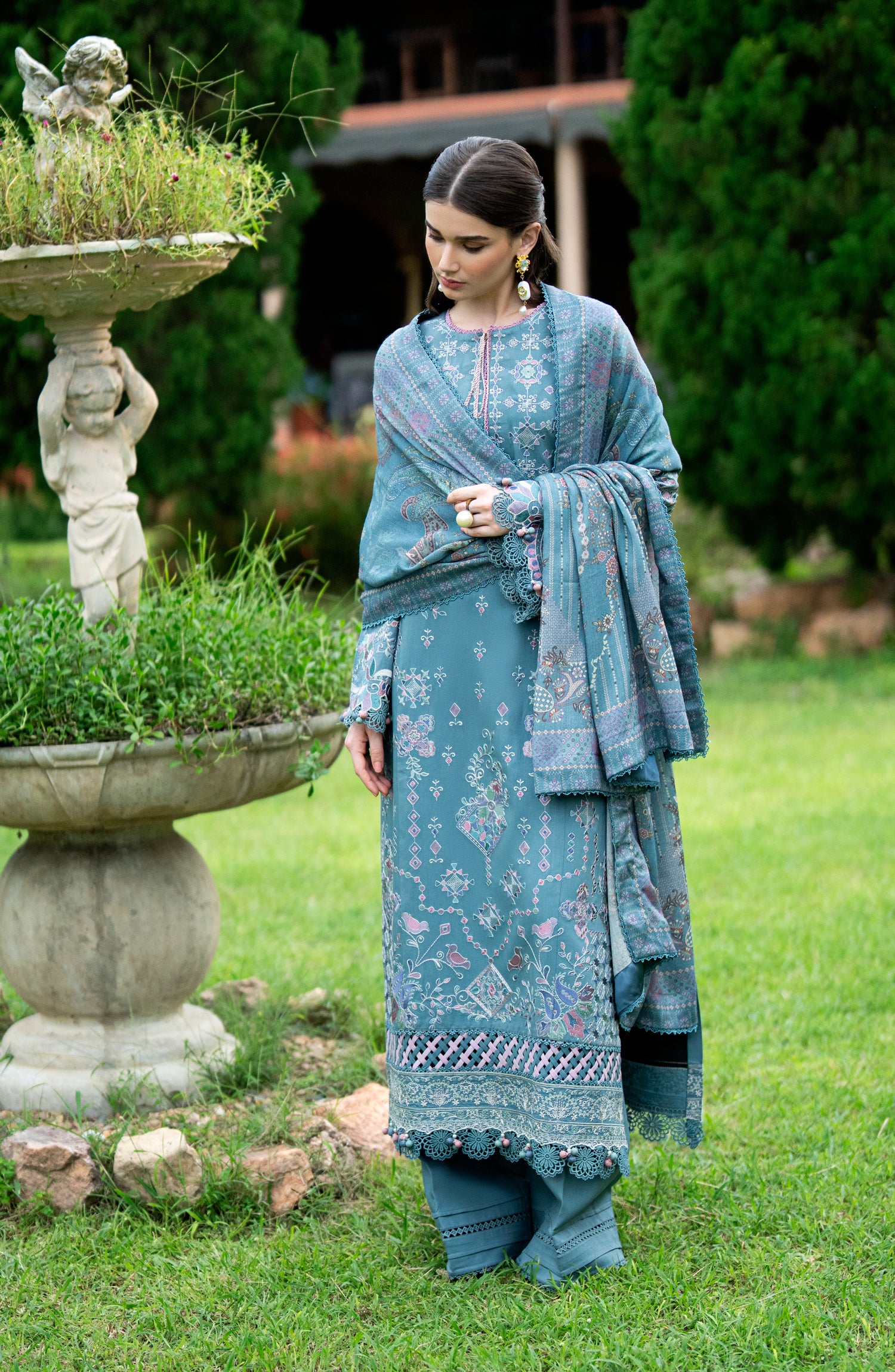 Florent Serenity Embroidered Marina Twill Unstitched 3 Piece Suit - 13 Hazel - FL26SNT - Blue - Winter Collection