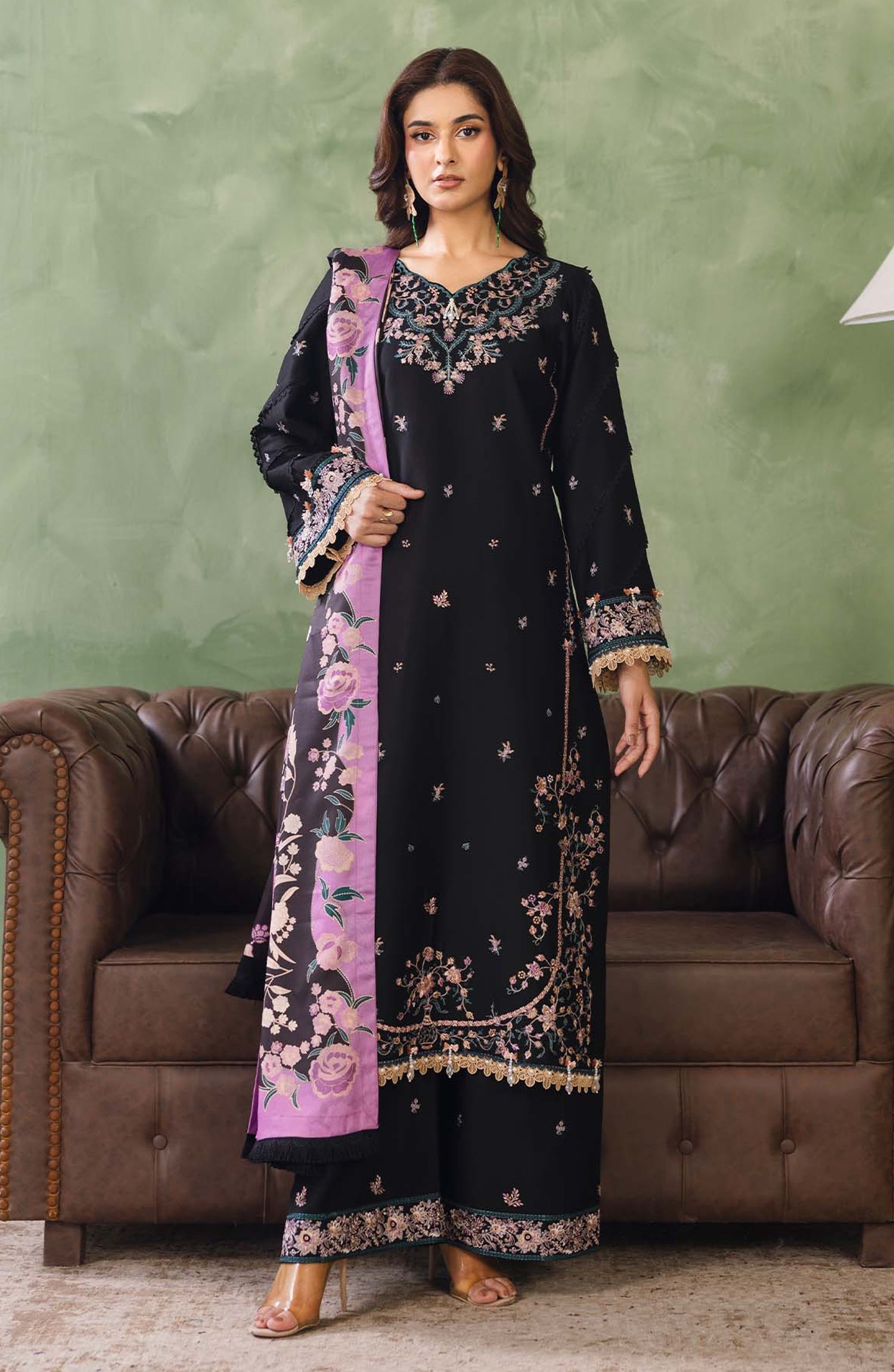 Peridot Embroidered Cotray Unstitched 3 Piece Suit - 592-B - PT26WT - Black - Winter Collection