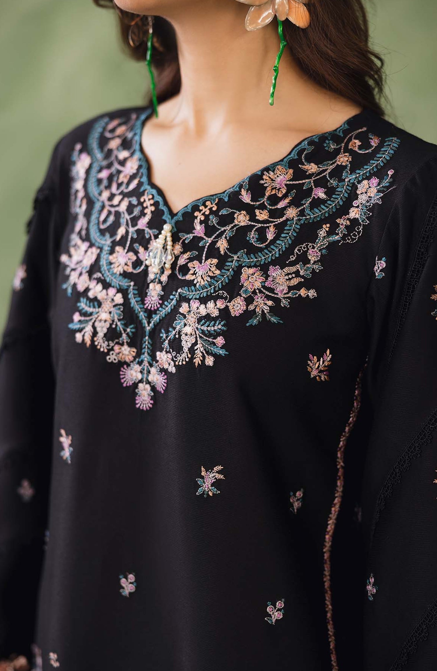 Peridot Embroidered Cotray Unstitched 3 Piece Suit - 592-B - PT26WT - Black - Winter Collection