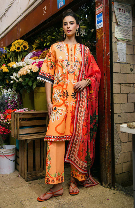 Hemline by Mushq Embroidered Lawn Unstitched 3 Piece Suit - Doves of Garden - MQ25LDHP - Orange - Summer Collection