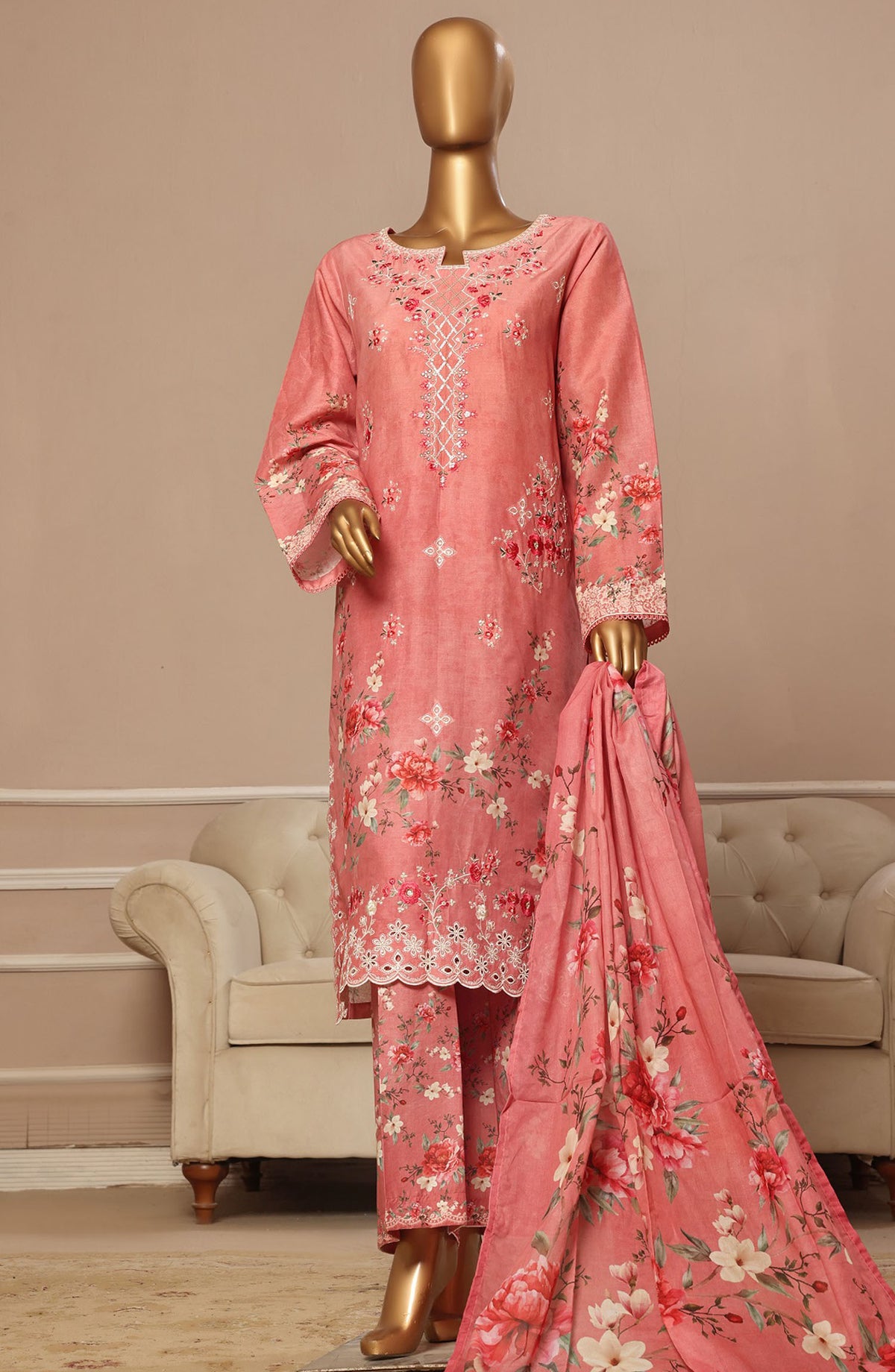 Bin Saeed Embroidered Lawn Stitched 3 Piece Suit - SM-30 - BS25EL3PCV5 - Pink - Summer Collection