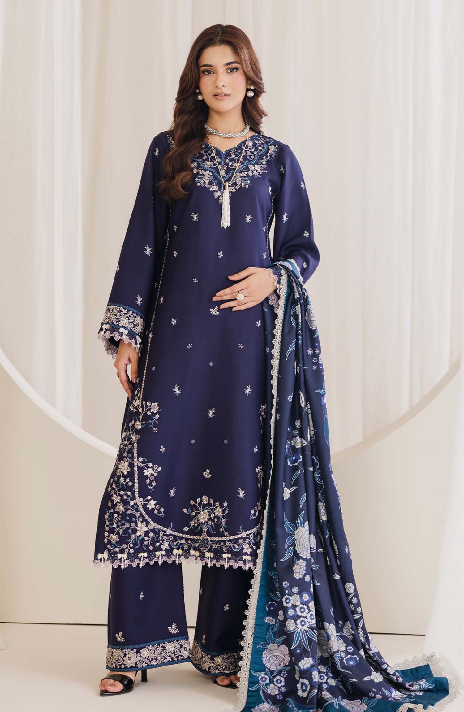 Peridot Embroidered Cotray Unstitched 3 Piece Suit - 592-A - PT26WT - Blue - Winter Collection