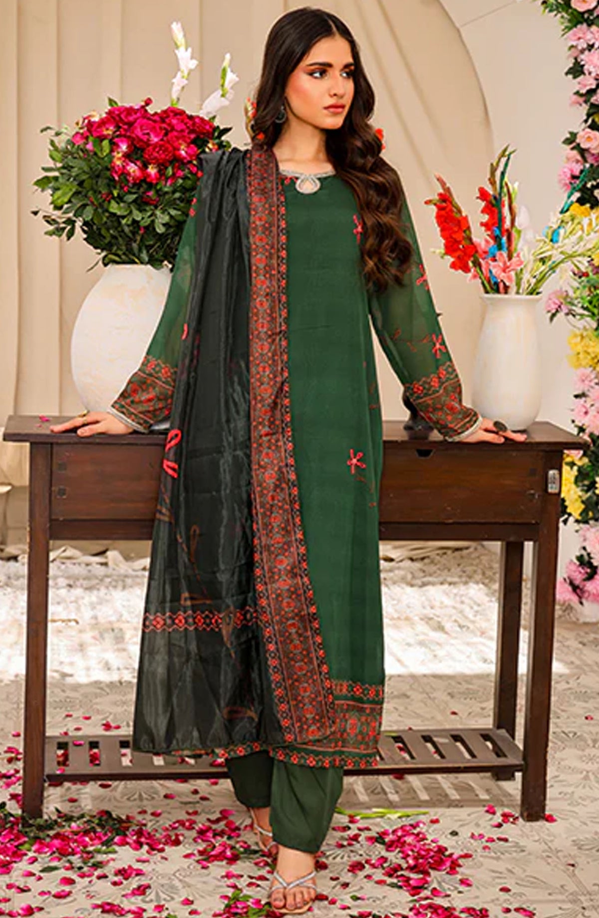 Nazmina Casual Chiffon Stitched 3 Piece Suit - Sapin Elegant FR-773 - NAZ25REB - Green - Festive Collection