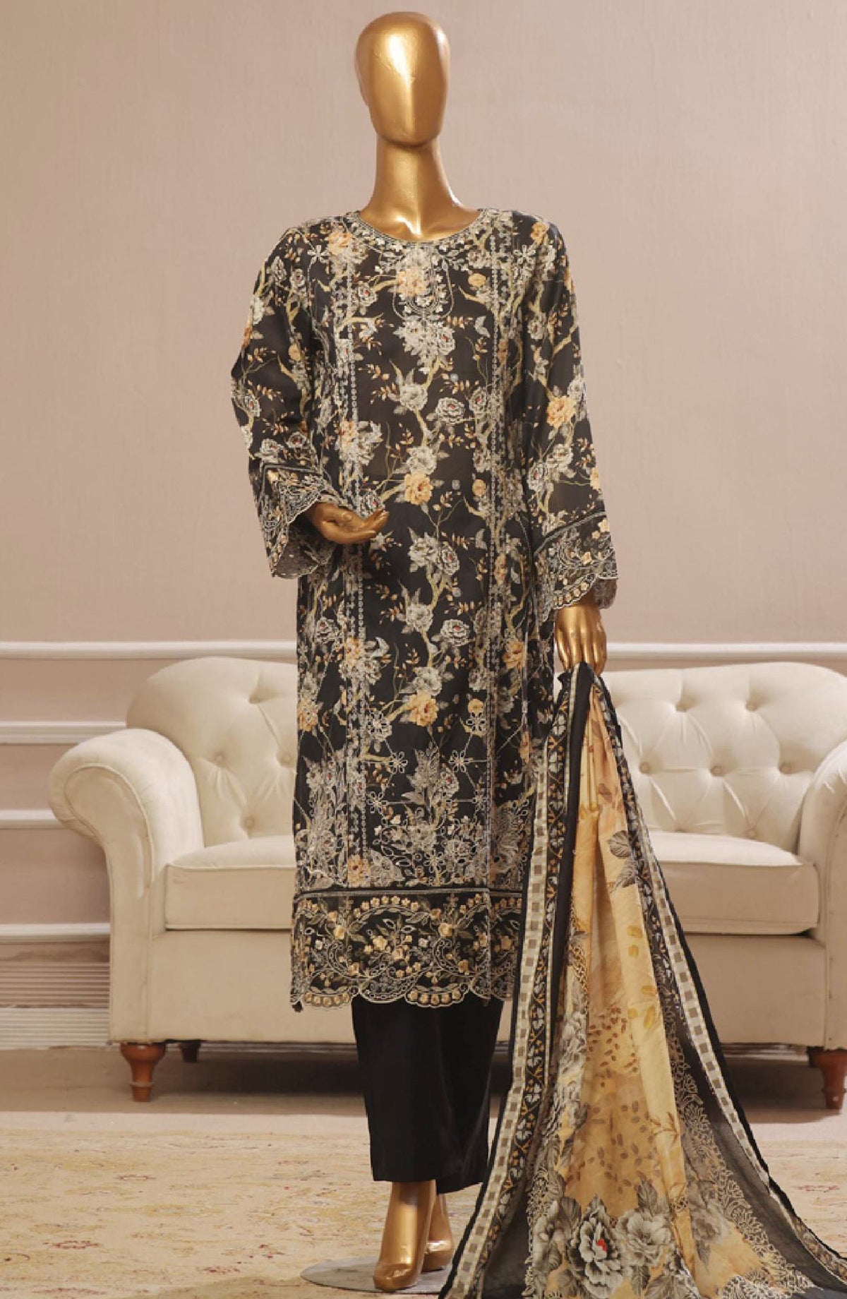 Bin Saeed Embroidered Lawn Stitched 3 Piece Suit - SM-772 - BS25EL3PCV5 - Black - Summer Collection
