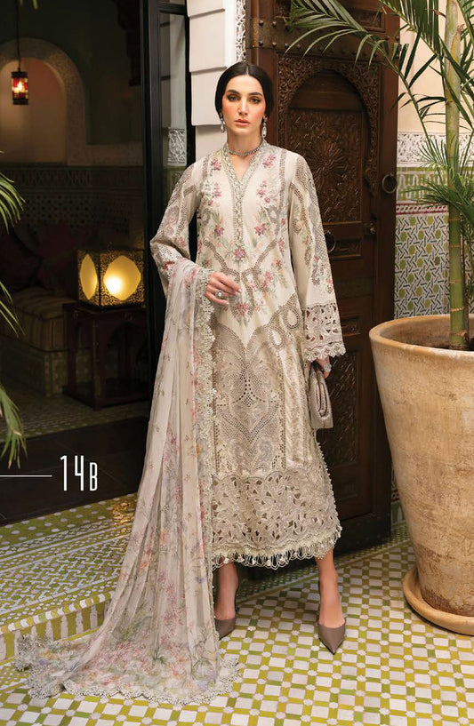Maria B Embroidered Lawn Unstitched 3 Piece Suit - D-14B - MAB25LLV25 - Off White - Summer Collection