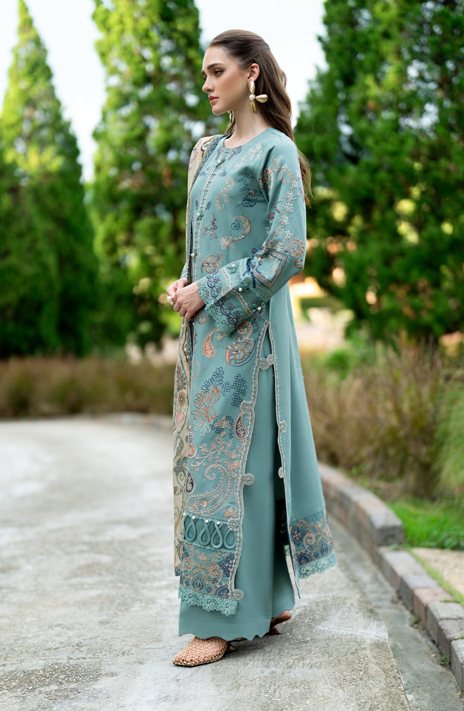 Florent Serenity Embroidered Dobby Unstitched 3 Piece Suit - 15 Amethyst - FL26SNT - Sea Green - Winter Collection