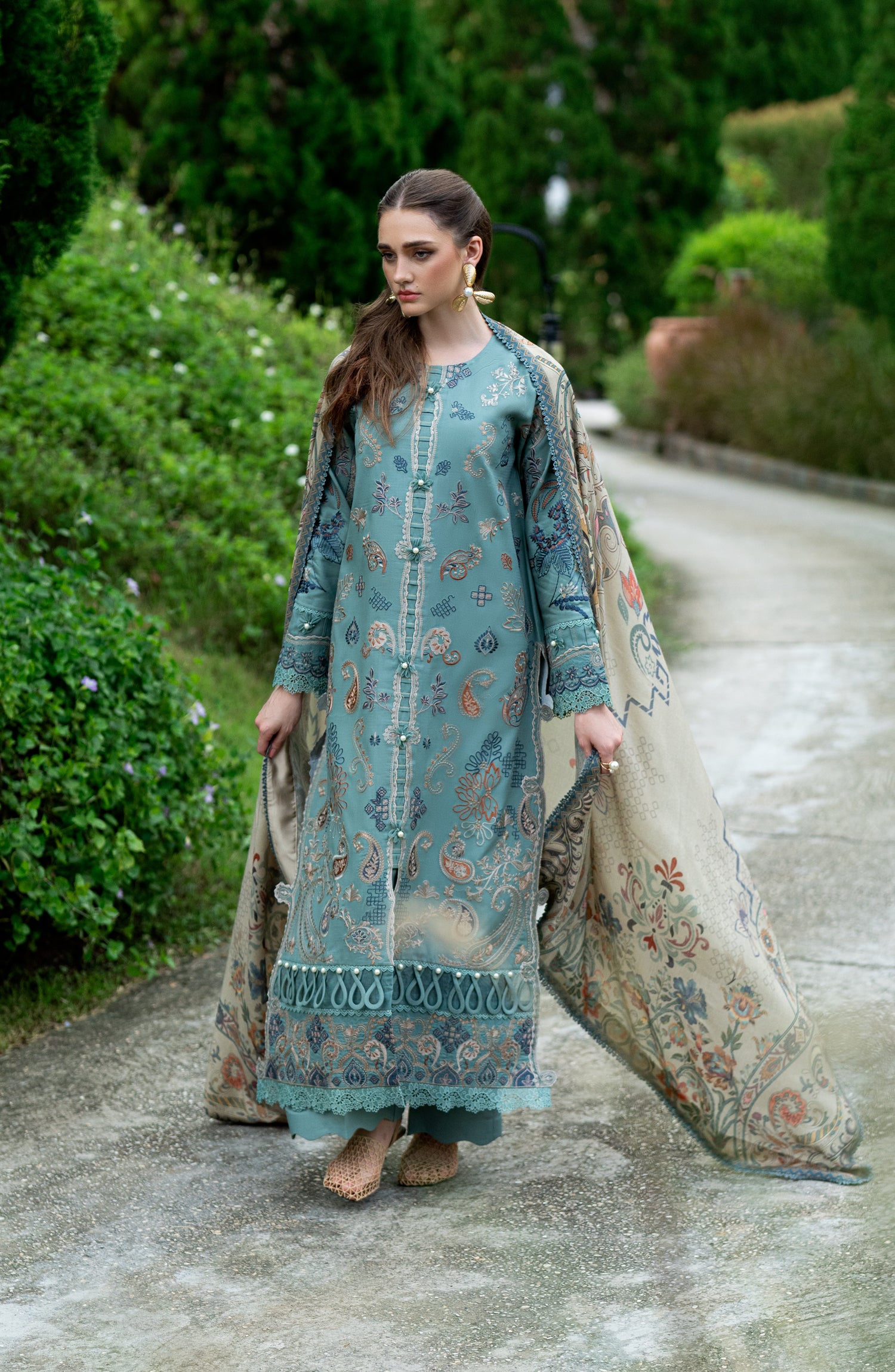 Florent Serenity Embroidered Dobby Unstitched 3 Piece Suit - 15 Amethyst - FL26SNT - Sea Green - Winter Collection