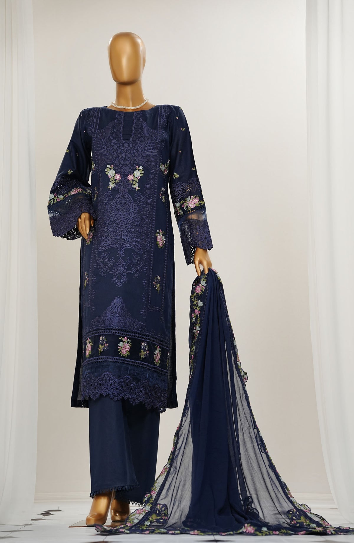 Durnaz by Amna Khadija Embroidered Jacquard Lawn Stitched 3 Piece Suit - AM25DRN - ELF 02 - Dark Blue - Festive Collection