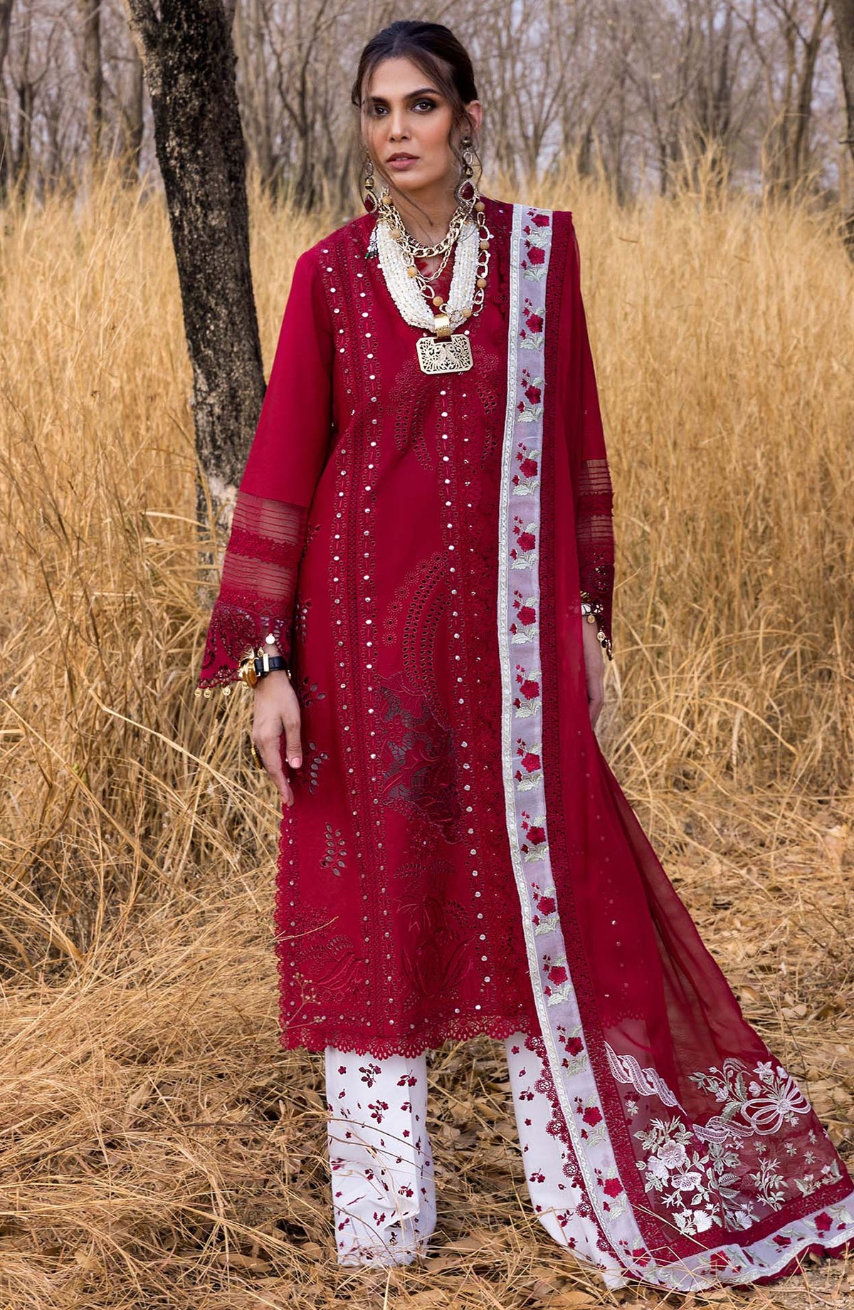 Saira Shakira Embroidered Lawn Unstitched 3 Piece Suit - SHAMS-A - SSK25L - Red - Summer Collection