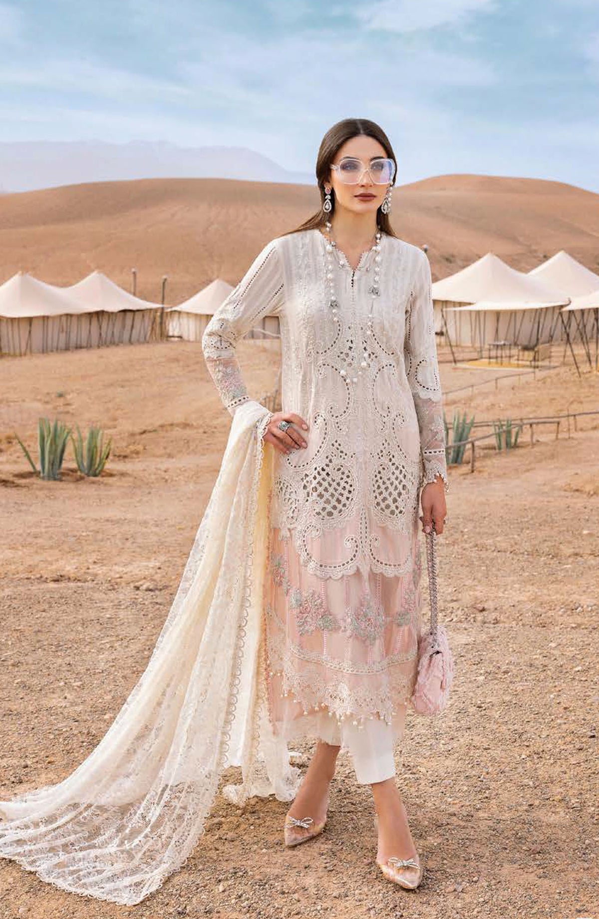 Maria B Embroidered Lawn Unstitched 3 Piece Suit - D-15A - MAB25LLV25 - Off White - Summer Collection