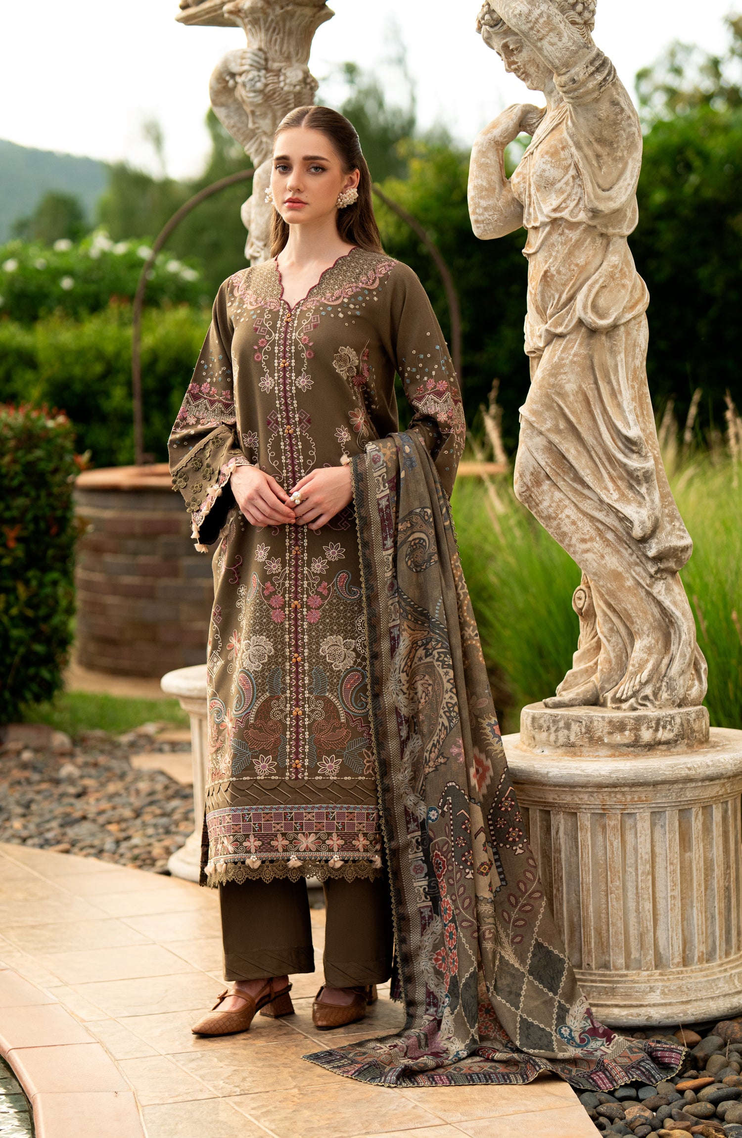 Florent Serenity Embroidered Karandi Unstitched 3 Piece Suit - 16 Ziva - FL26SNT - Brown - Winter Collection