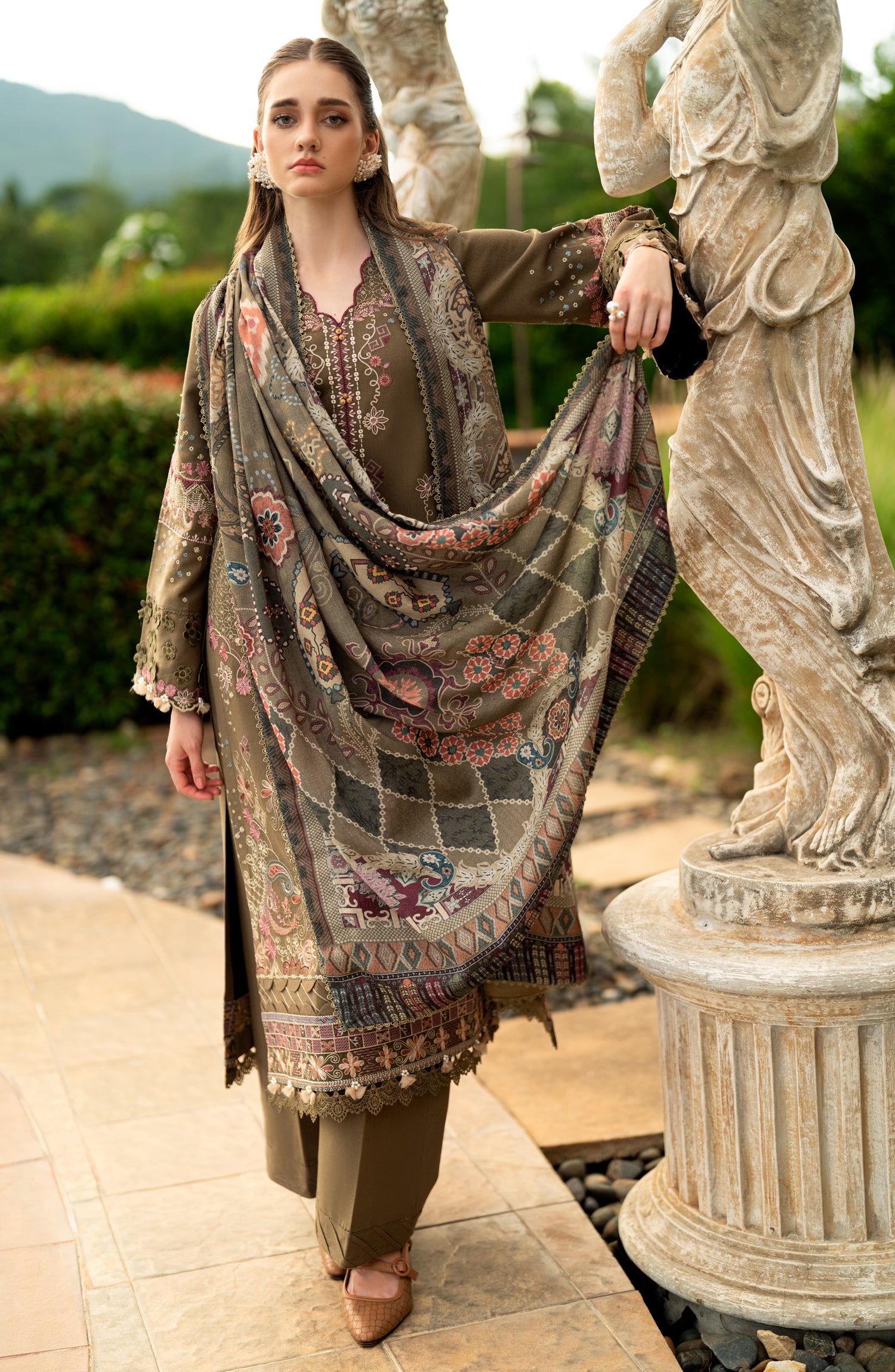Florent Serenity Embroidered Karandi Unstitched 3 Piece Suit - 16 Ziva - FL26SNT - Brown - Winter Collection
