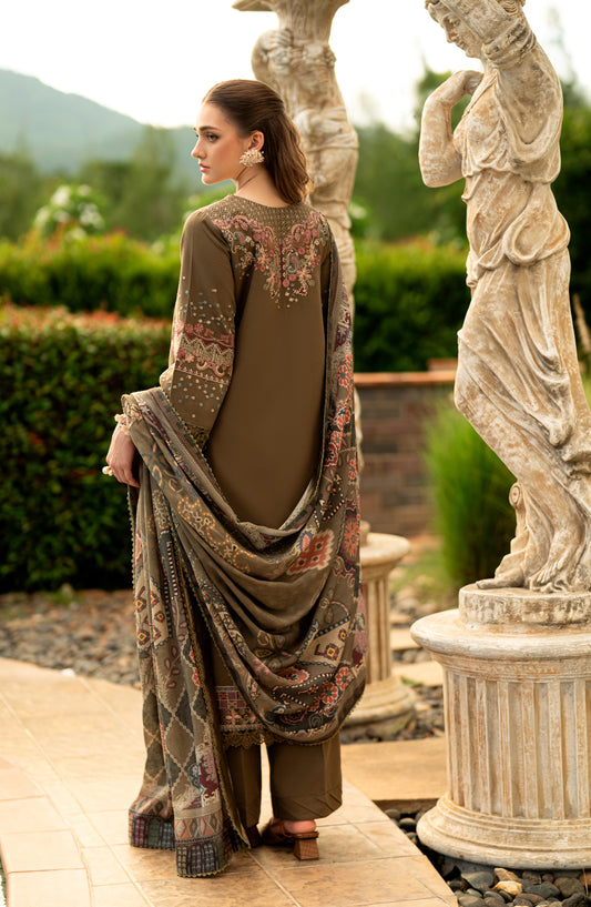 Florent Serenity Embroidered Karandi Unstitched 3 Piece Suit - 16 Ziva - FL26SNT - Brown - Winter Collection