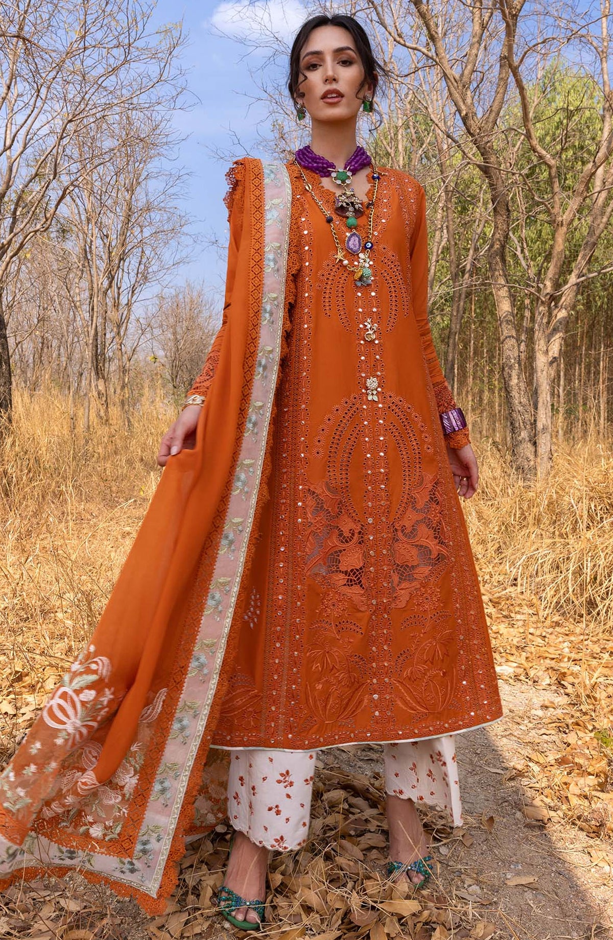 Saira Shakira Embroidered Lawn Unstitched 3 Piece Suit - SHAMS-B - SSK25L - Orange - Summer Collection