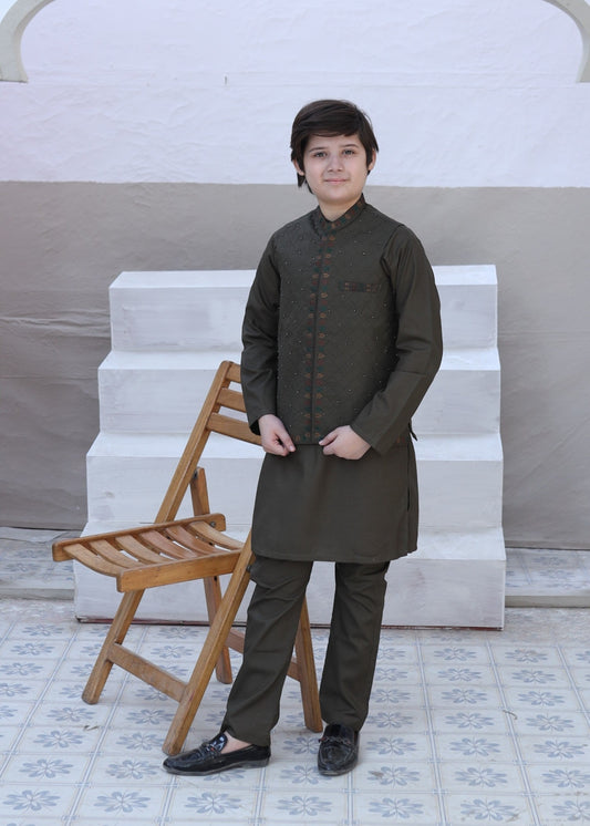 Olive Green Waistcoat Suit-AHW-028