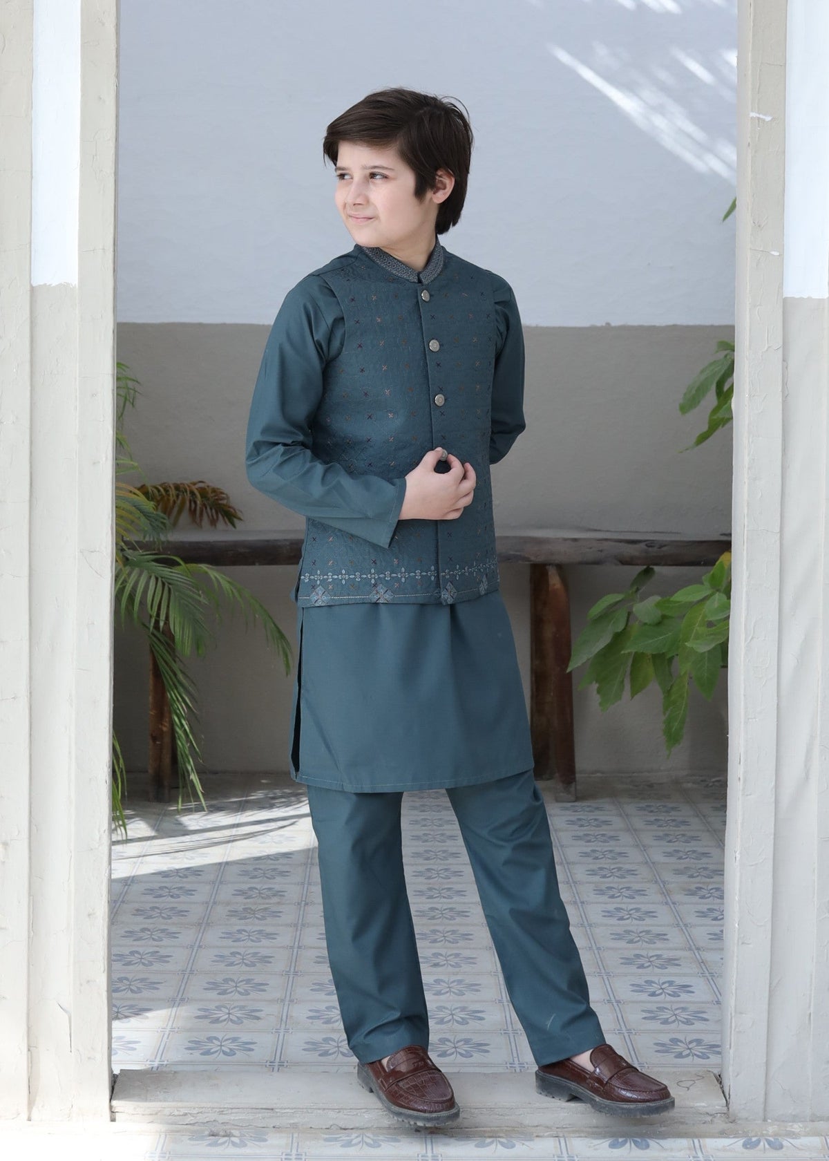 Teal Green Waistcoat Suit-AHW-026