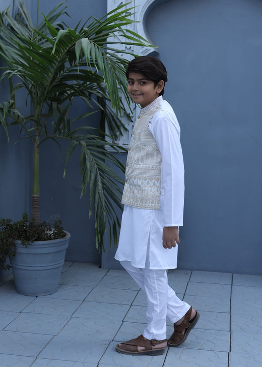 Floral White Waistcoat Suit-AHW-044