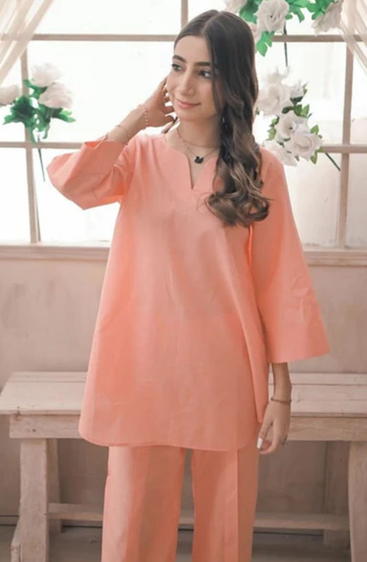 Zauk Casual Cotton Lawn 2 Piece Suit - Peach - ZK25CC - Peach - Casual Collection