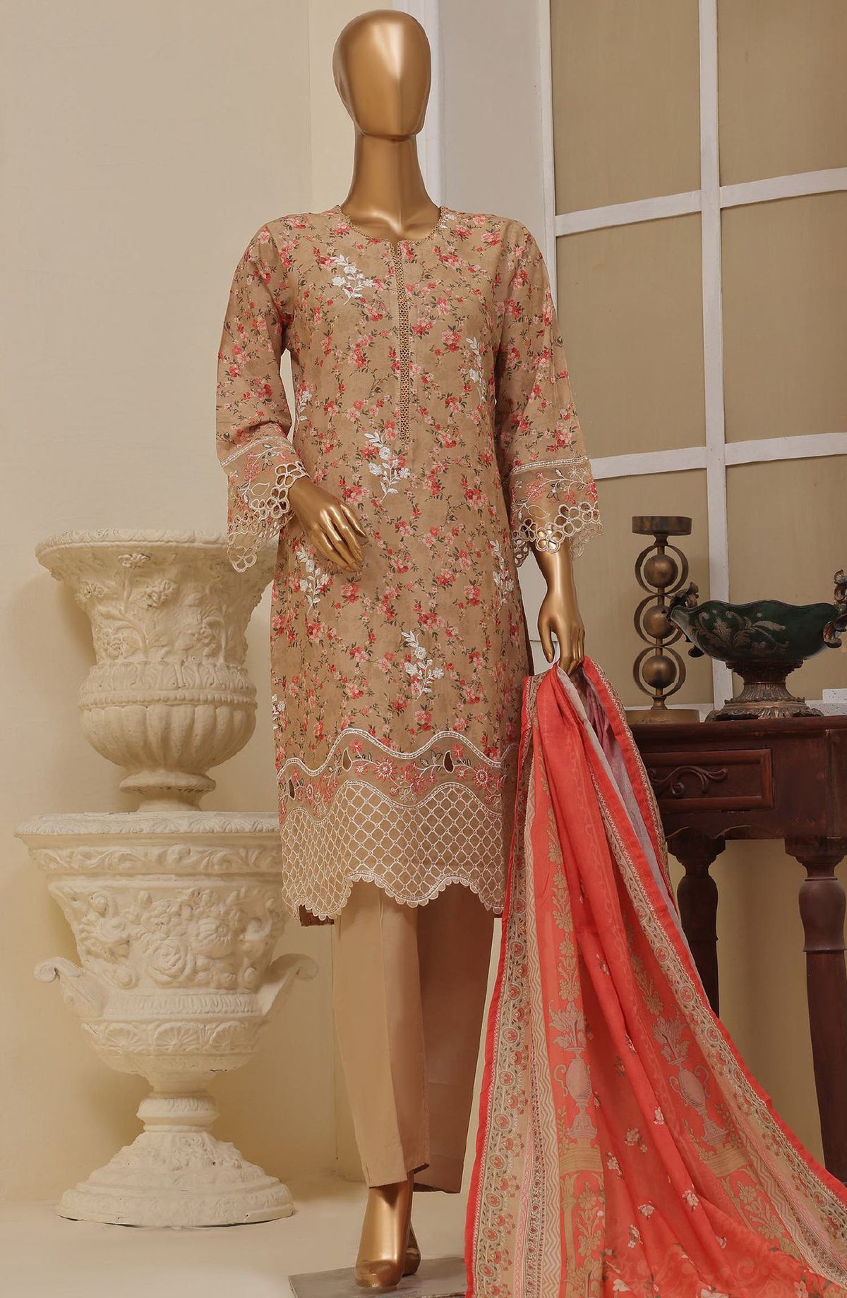 Bin Saeed Embroidered Lawn Stitched 3 Piece Suit - SM-565 - BS25EL3PCV5 - Brown - Summer Collection