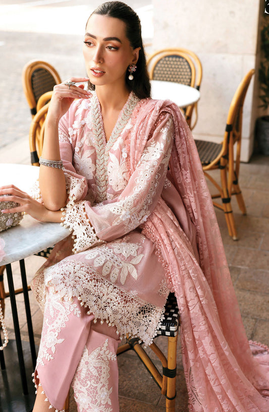 Maria B Luxury Embroidered Lawn Unstitched 3 Piece Suit - 3A - MAB26LLW - Pink - Summer Collection