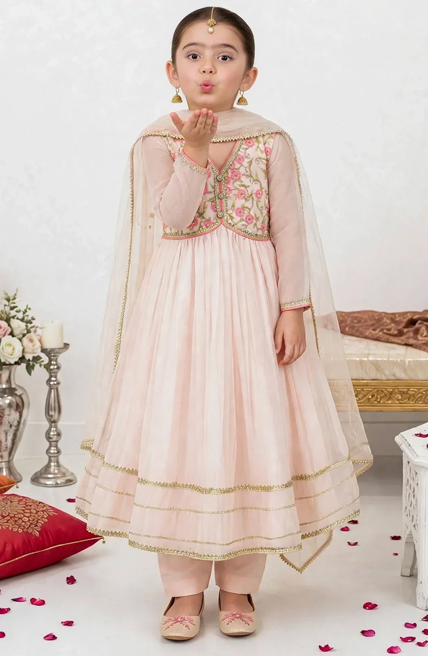 3 Piece Chiffon Peach Embroidered Frock A011-Pch - Chiffon - MOD26TWF - Festive Collection

