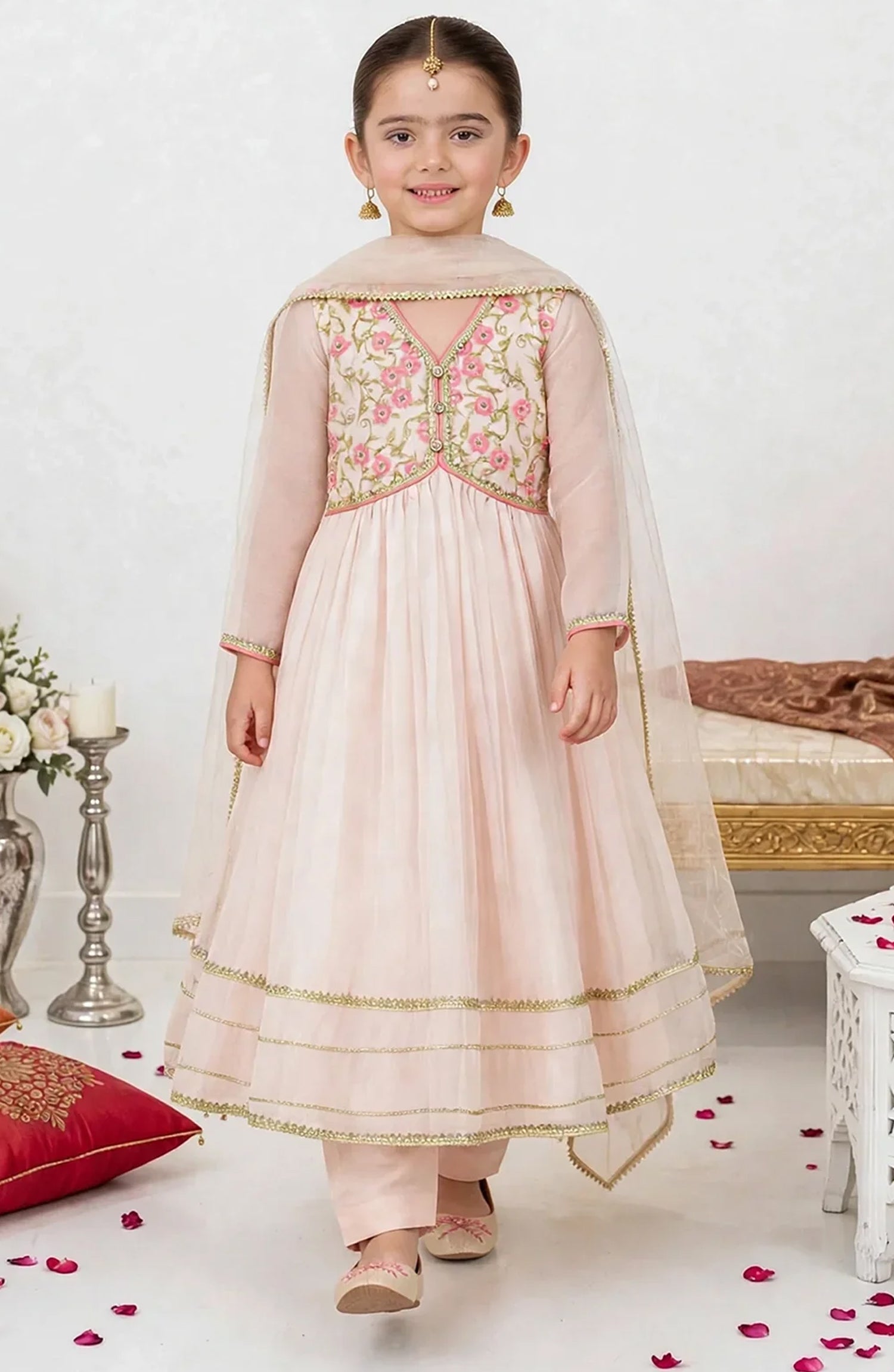 3 Piece Chiffon Peach Embroidered Frock A011-Pch - Chiffon - MOD26TWF - Festive Collection
