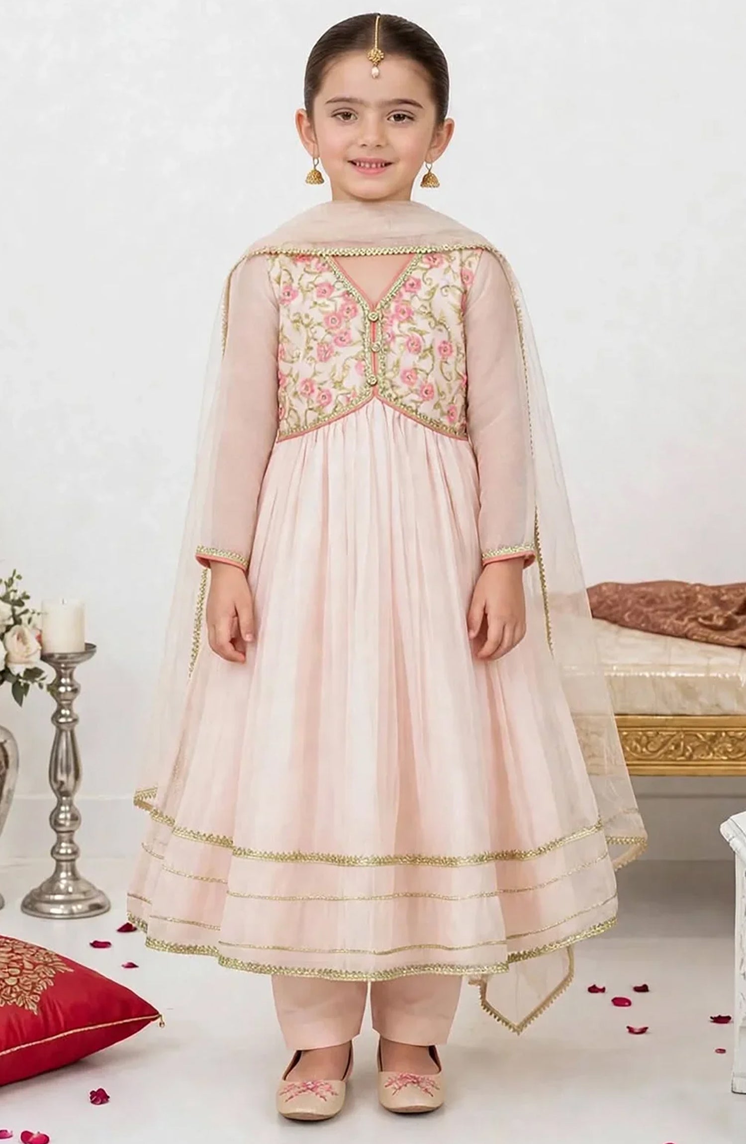3 Piece Chiffon Peach Embroidered Frock A011-Pch - Chiffon - MOD26TWF - Festive Collection
