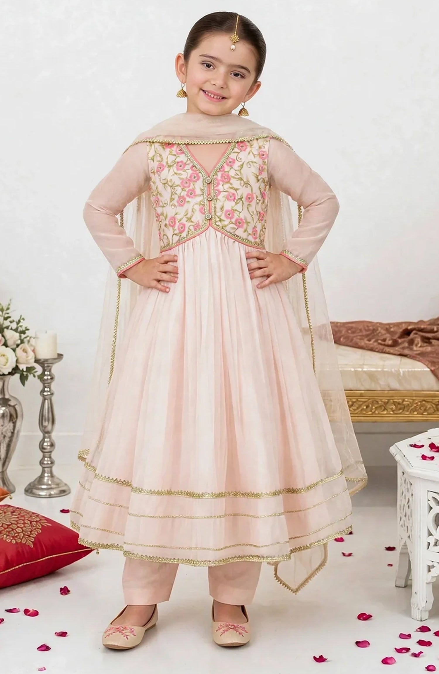 3 Piece Chiffon Peach Embroidered Frock A011-Pch - Chiffon - MOD26TWF - Festive Collection
