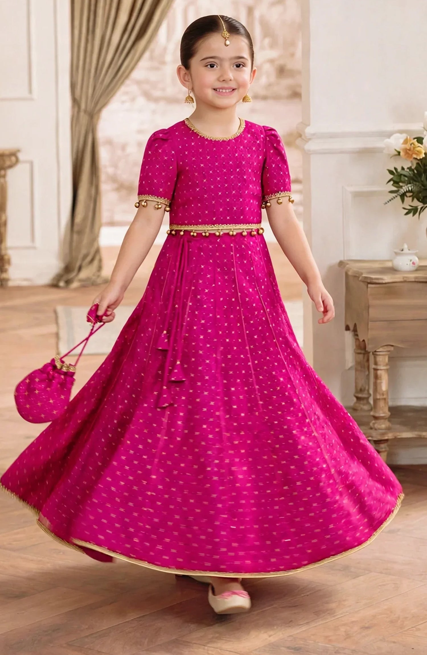 3 Piece Printed Rawsilk Pink Lehenga A036-Pnk - Rawsilk - MOD26TWF - Festive Collection
