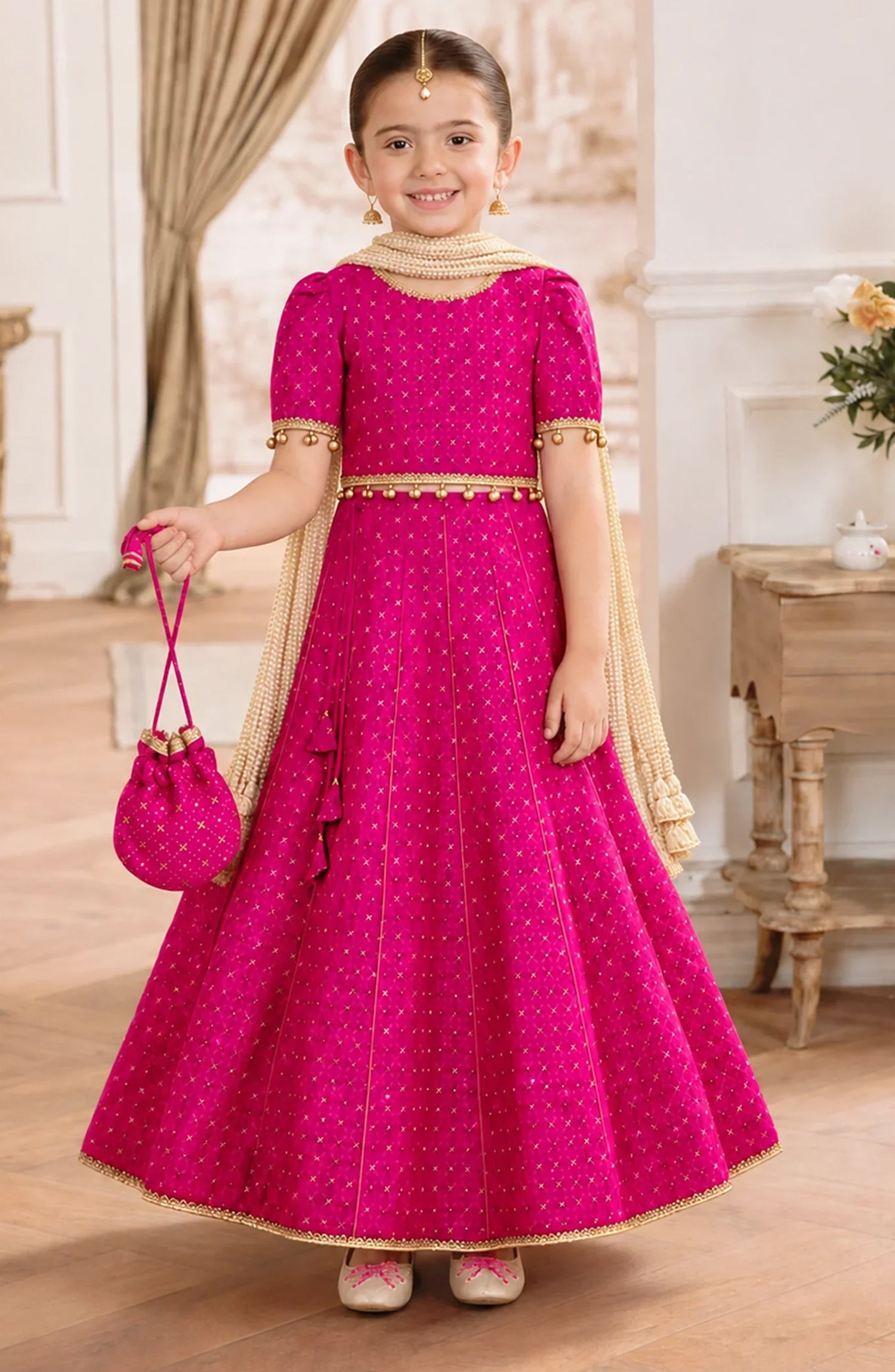 3 Piece Printed Rawsilk Pink Lehenga A036-Pnk - Rawsilk - MOD26TWF - Festive Collection
