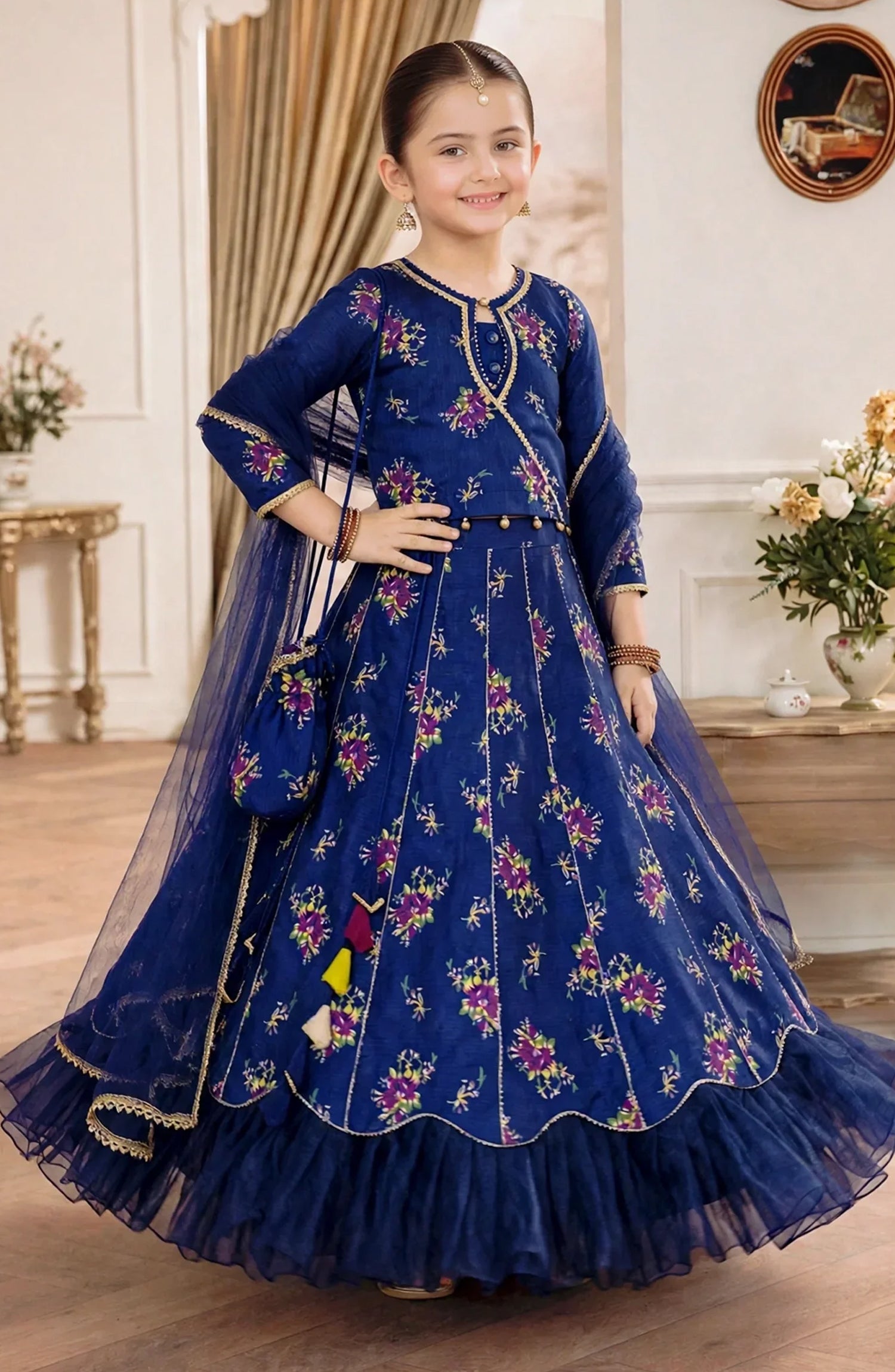 3 Piece Rawsilk Printed Blue Lehenga A021-Blu - Rawsilk - MOD26TWF - Festive Collection
