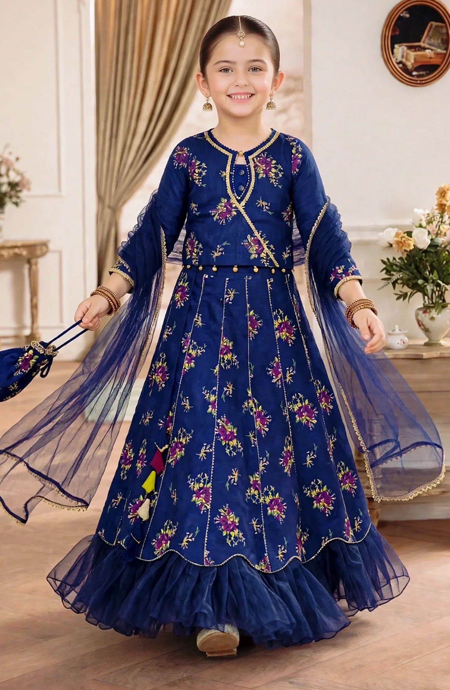 3 Piece Rawsilk Printed Blue Lehenga A021-Blu - Rawsilk - MOD26TWF - Festive Collection

