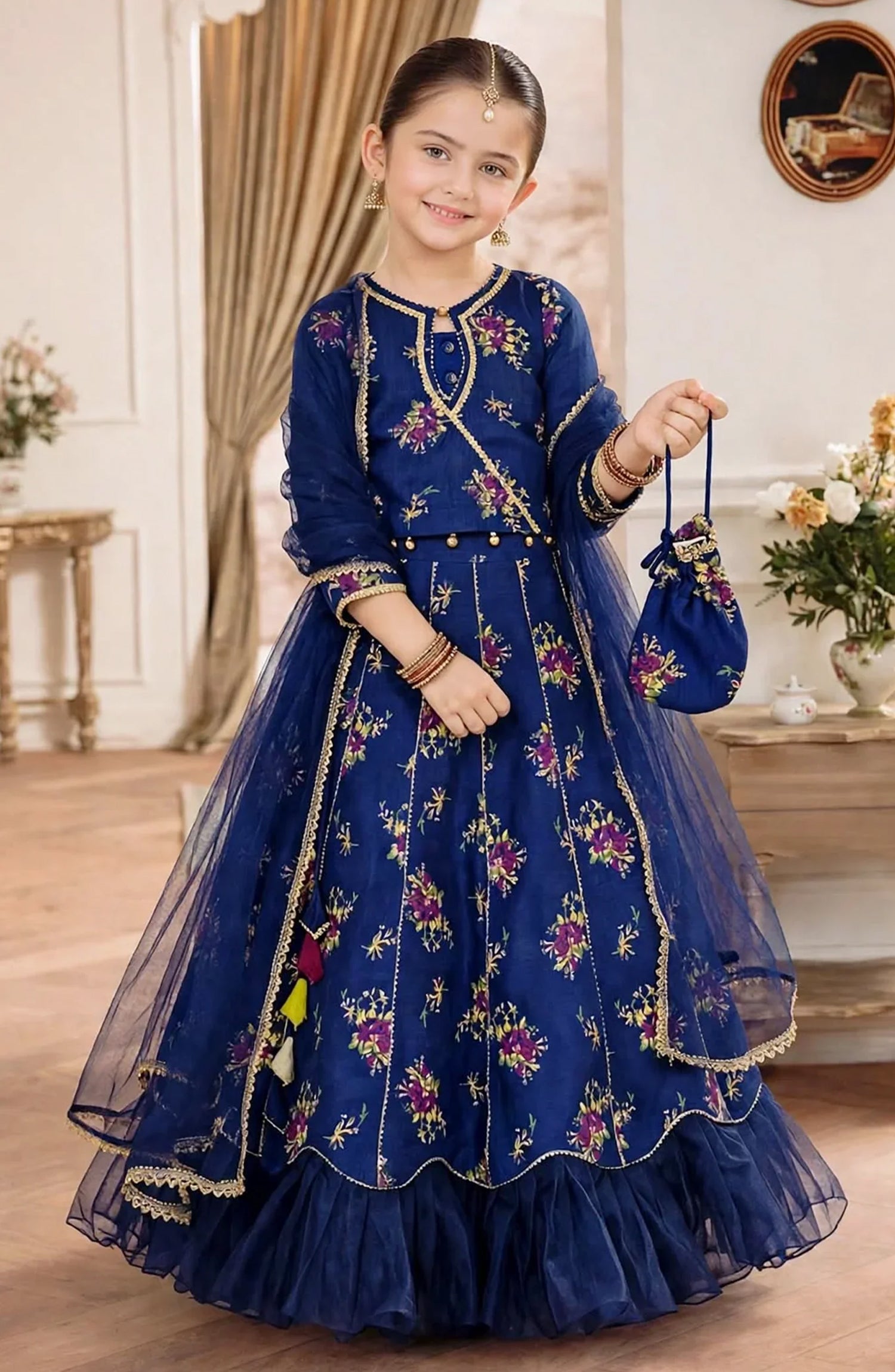3 Piece Rawsilk Printed Blue Lehenga A021-Blu - Rawsilk - MOD26TWF - Festive Collection
