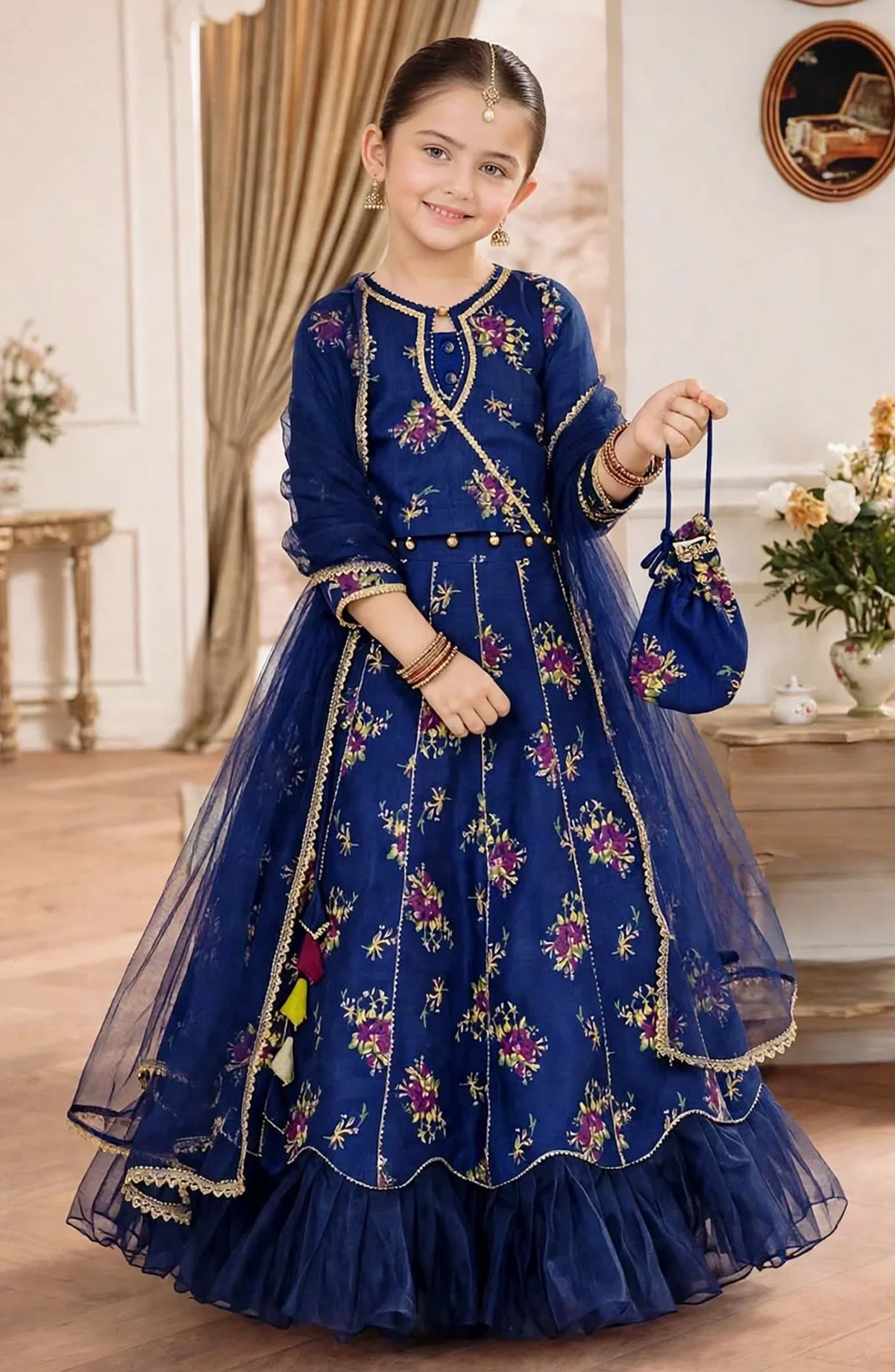 3 Piece Rawsilk Printed Blue Lehenga A021-Blu - Rawsilk - MOD26TWF - Festive Collection
