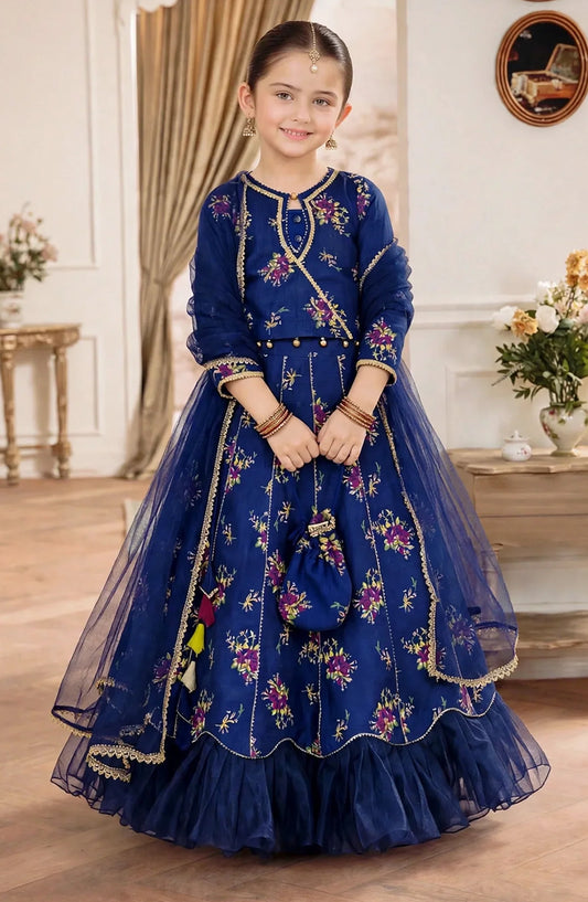 3 Piece Rawsilk Printed Blue Lehenga A021-Blu - Rawsilk - MOD26TWF - Festive Collection

