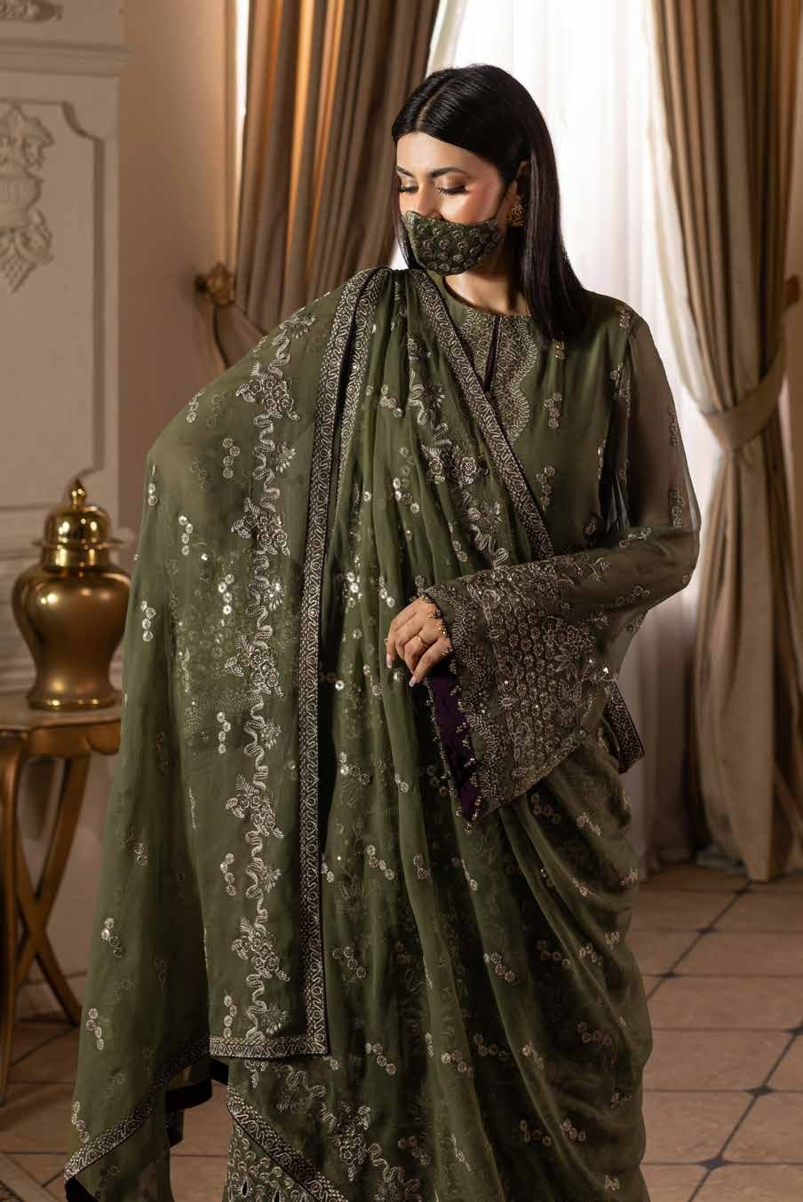 Kuch Khas By Flossie Chandani At Premium Chiffon 3pc Unstitched Suit - KKFCAK - D-01 - Pista