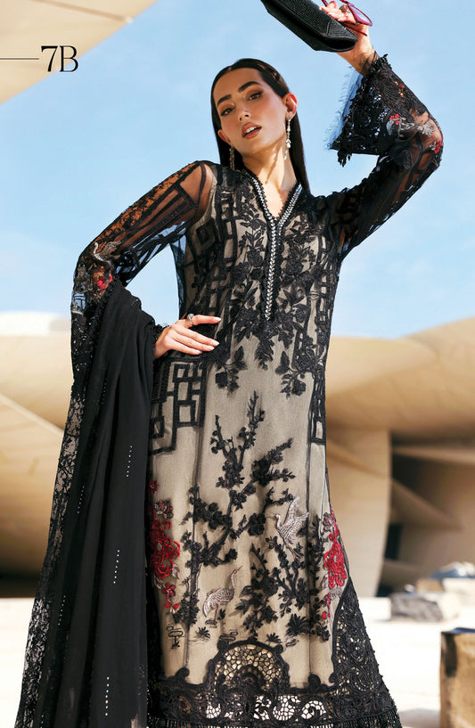 Maria B Luxury Embroidered Lawn Unstitched 3 Piece Suit - 7B - MAB26LLW - Black - Summer Collection