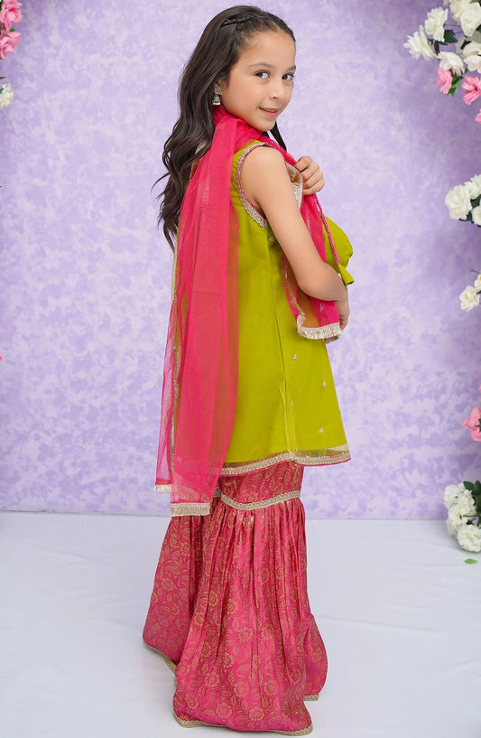 Modest Net Stitched 3 Piece Suit - 8845-Grn - Green - Festive Girls Collection