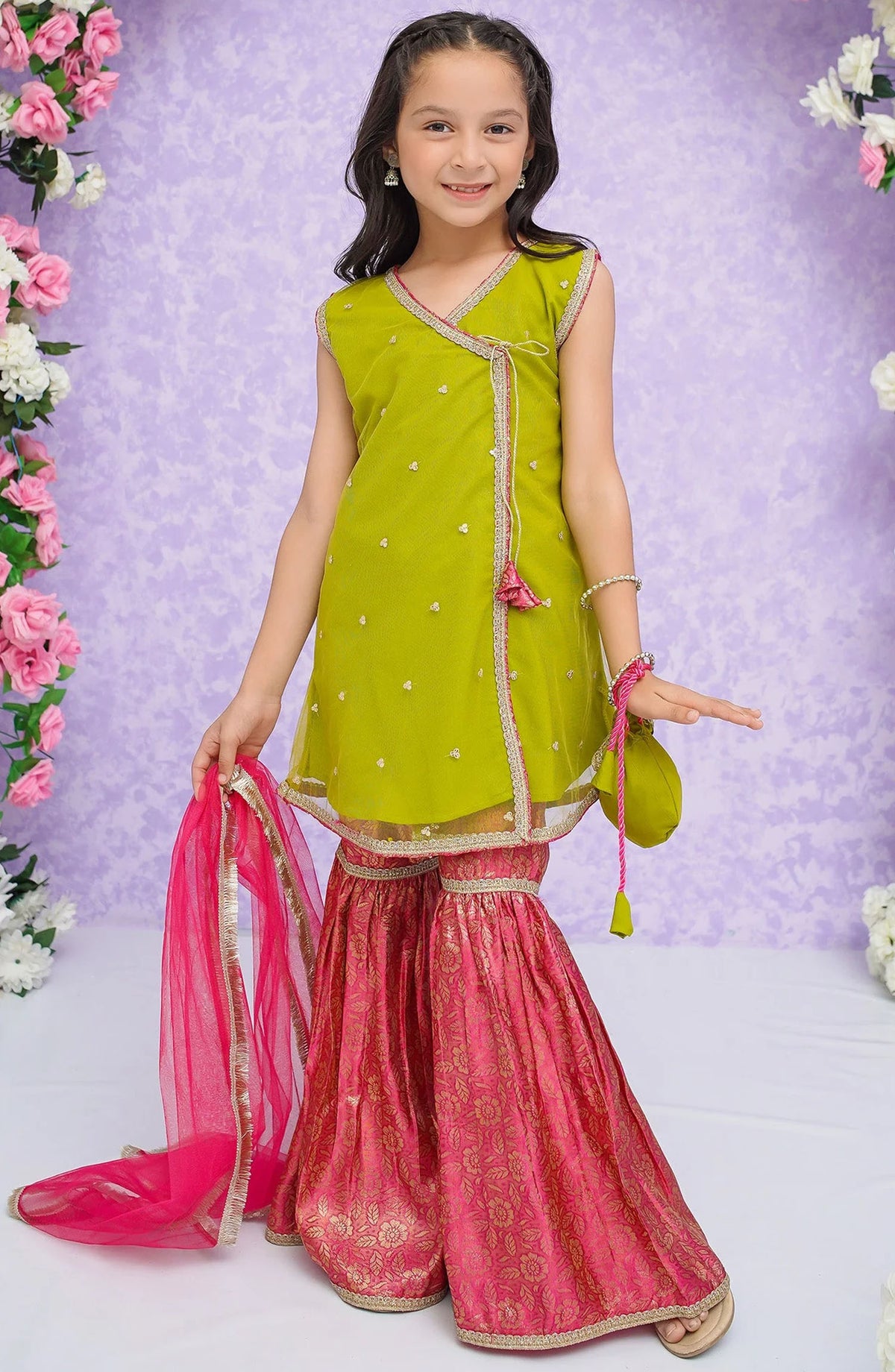 Modest Net Stitched 3 Piece Suit - 8845-Grn - Green - Festive Girls Collection