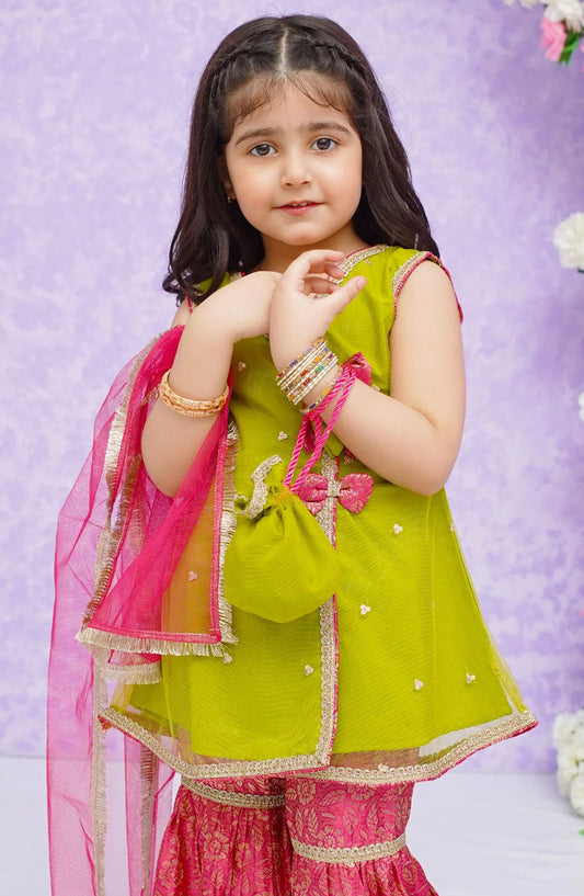 Modest Net Stitched 3 Piece Suit - 8850-Grn - Green - Festive Girls Collection