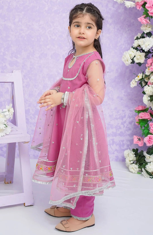 Modest Net Stitched 3 Piece Suit - 8855-Pnk Neena - Pink - Festive Girls Collection