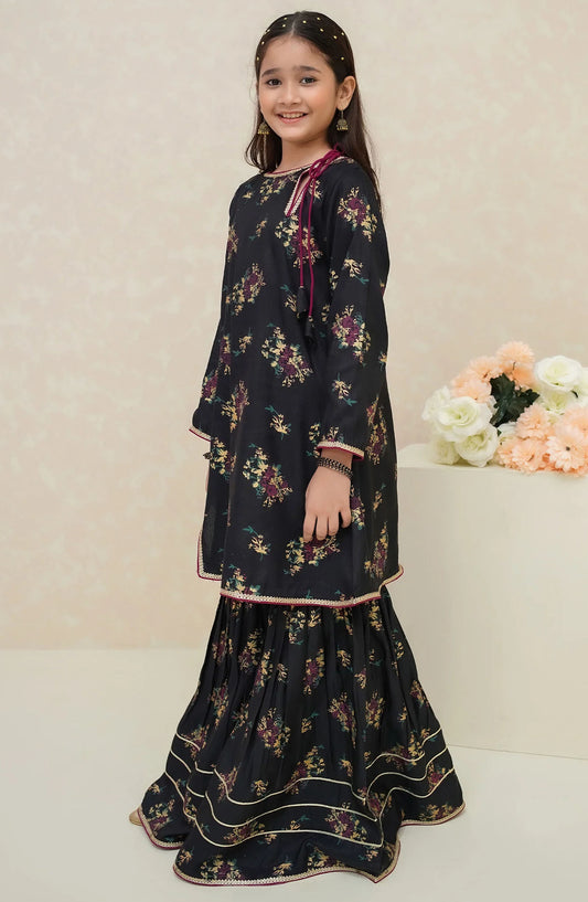 Modest Rawsilk Stitched 3 Piece Suit - 8975-Blk - Black - Festive Girls Collection