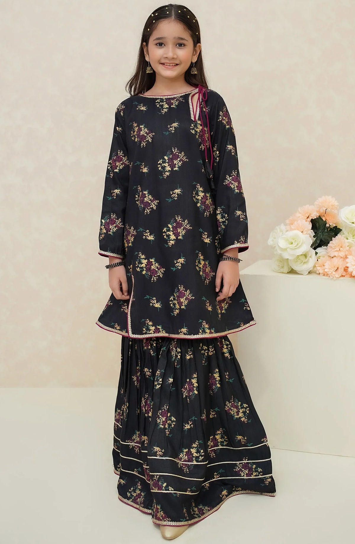 Modest Rawsilk Stitched 3 Piece Suit - 8975-Blk - Black - Festive Girls Collection