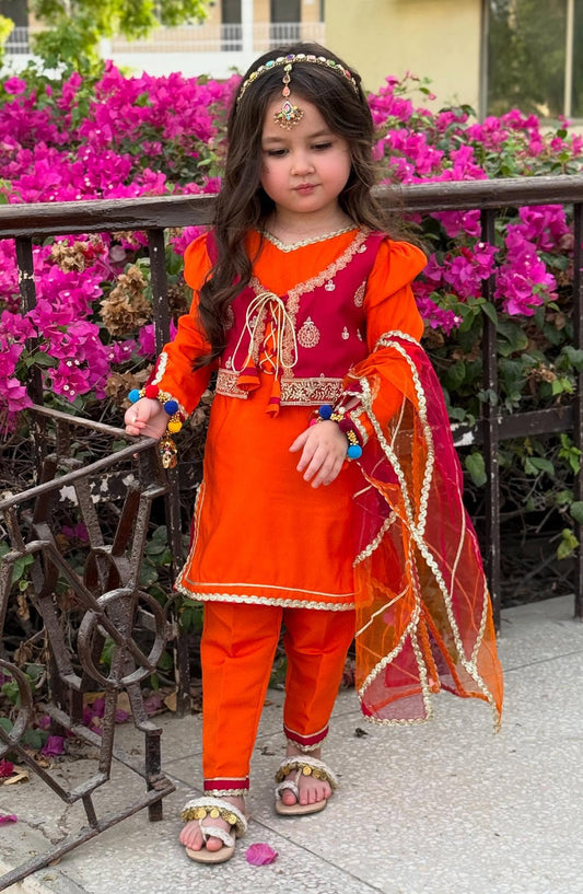 Modest Embroidered Rawsilk Stitched 3 Piece Suit - 9040-Org - MOD25EKA - Orange - Festive Collection