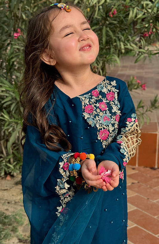 Modest Embroidered Chiffon Stitched 3 Piece Suit - 9240-Blu-Pearl Cape Dress - Blue - MOD25EKA - Festive Collection