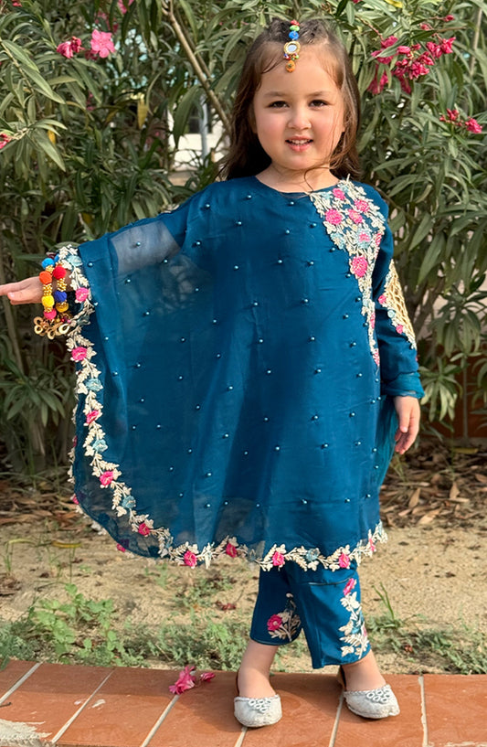 Modest Embroidered Chiffon Stitched 3 Piece Suit - 9240-Blu-Pearl Cape Dress - Blue - MOD25EKA - Festive Collection