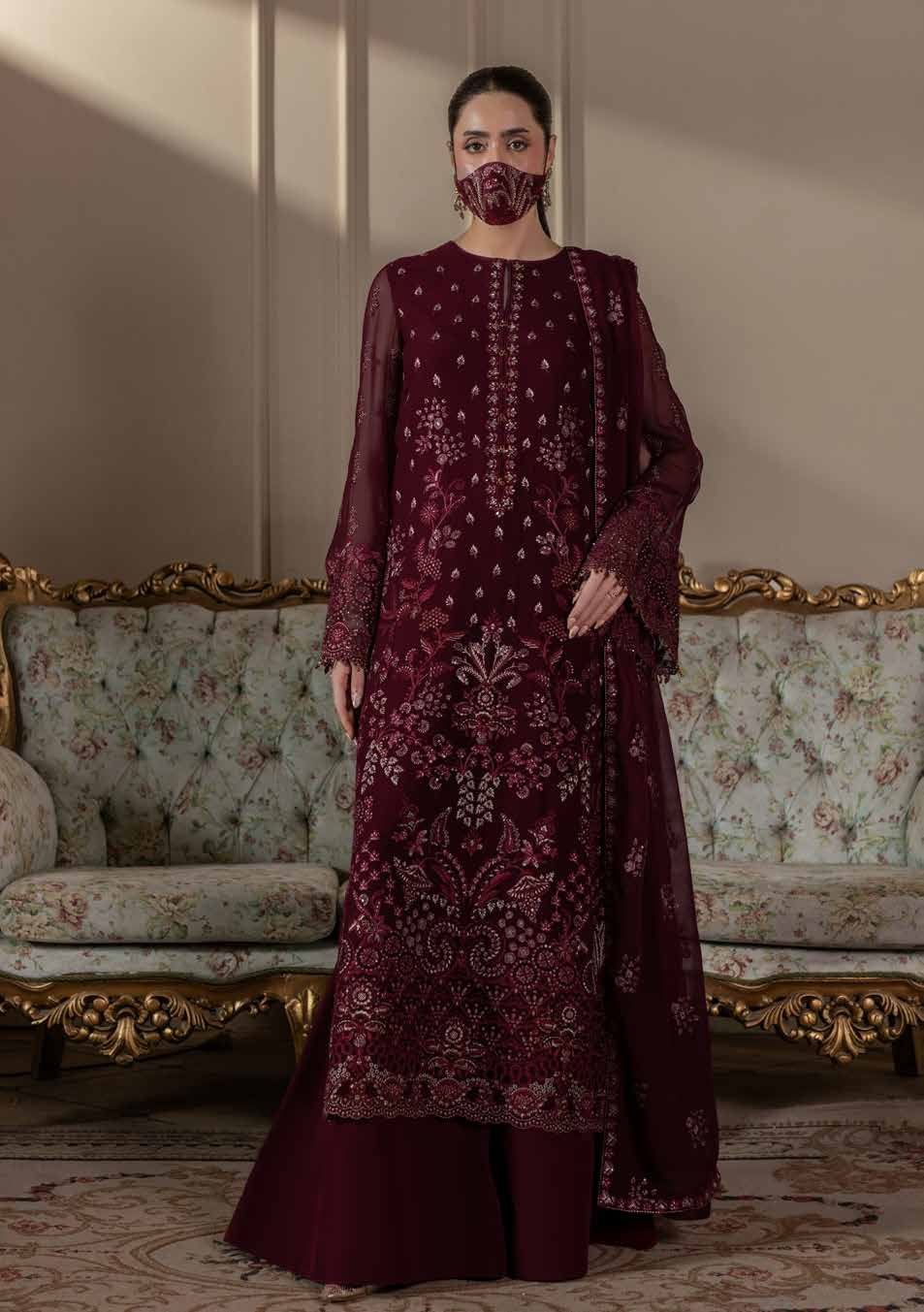 Kuch Khas By Flossie Chandani At Premium Chiffon 3pc Unstitched Suit - KKFCAK - D-07 - Maroon