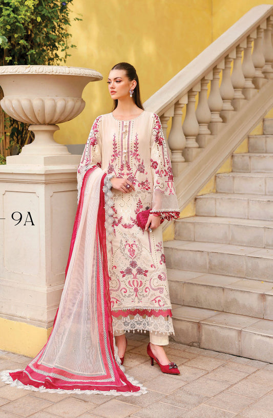 Maria B Luxury Embroidered Lawn Unstitched 3 Piece Suit - 9A - MAB26LLW - Fawn - Summer Collection