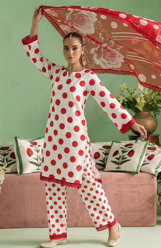 A Dots by Aalaya Printed Lawn Unstitched 3 Piece Suit - D-05 - ALY26DTS - Red - Summer Collection