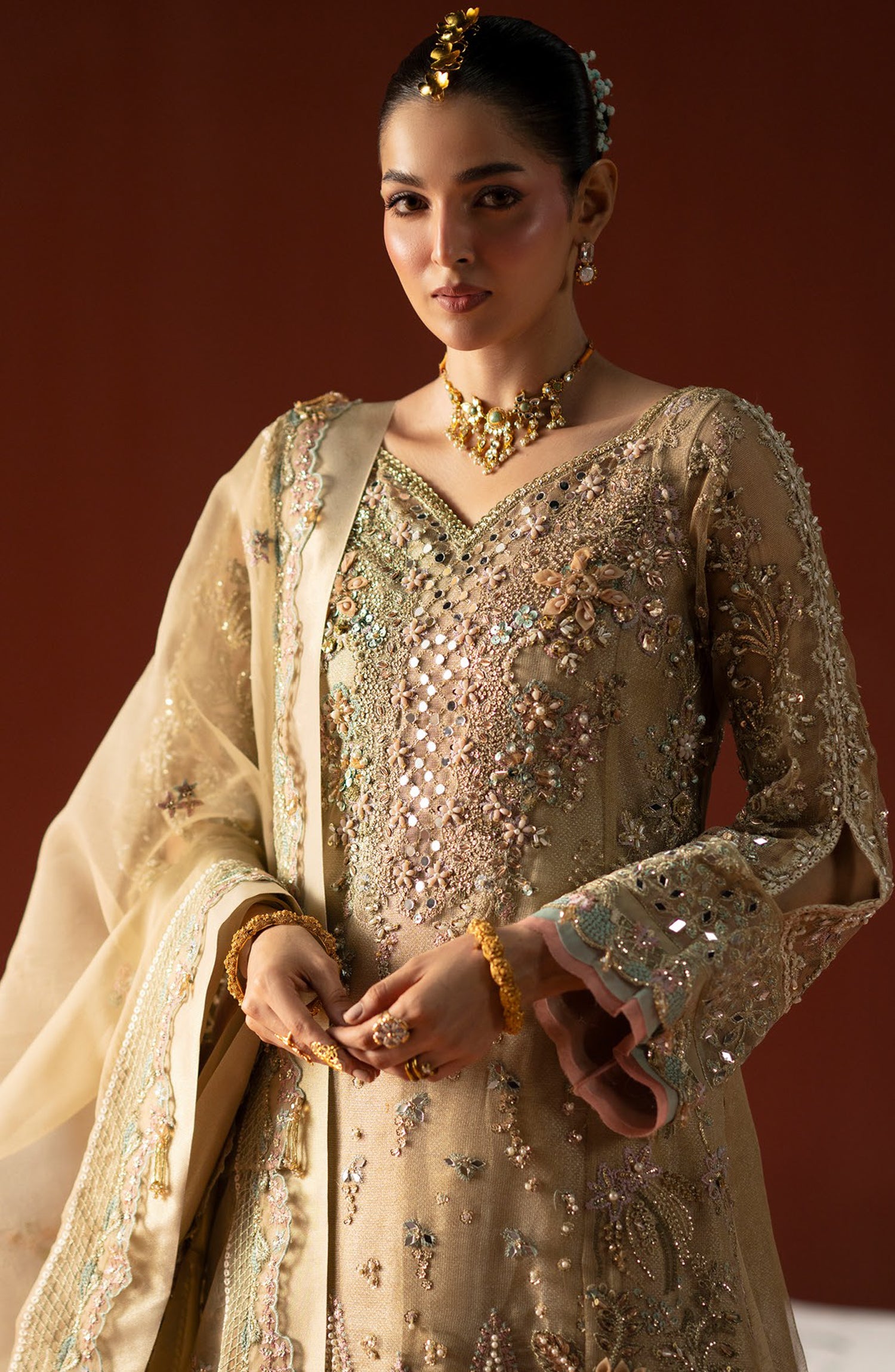 AJR Signature Embroidered Organza Unstitched 3 Piece Suit - 01 Mahtaab - AJR26WED - Golden - Wedding Collection